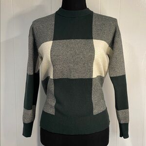 Tahari Crewneck Sweater Preppy Cottagecore Plaid Green Cream Size Extra Small